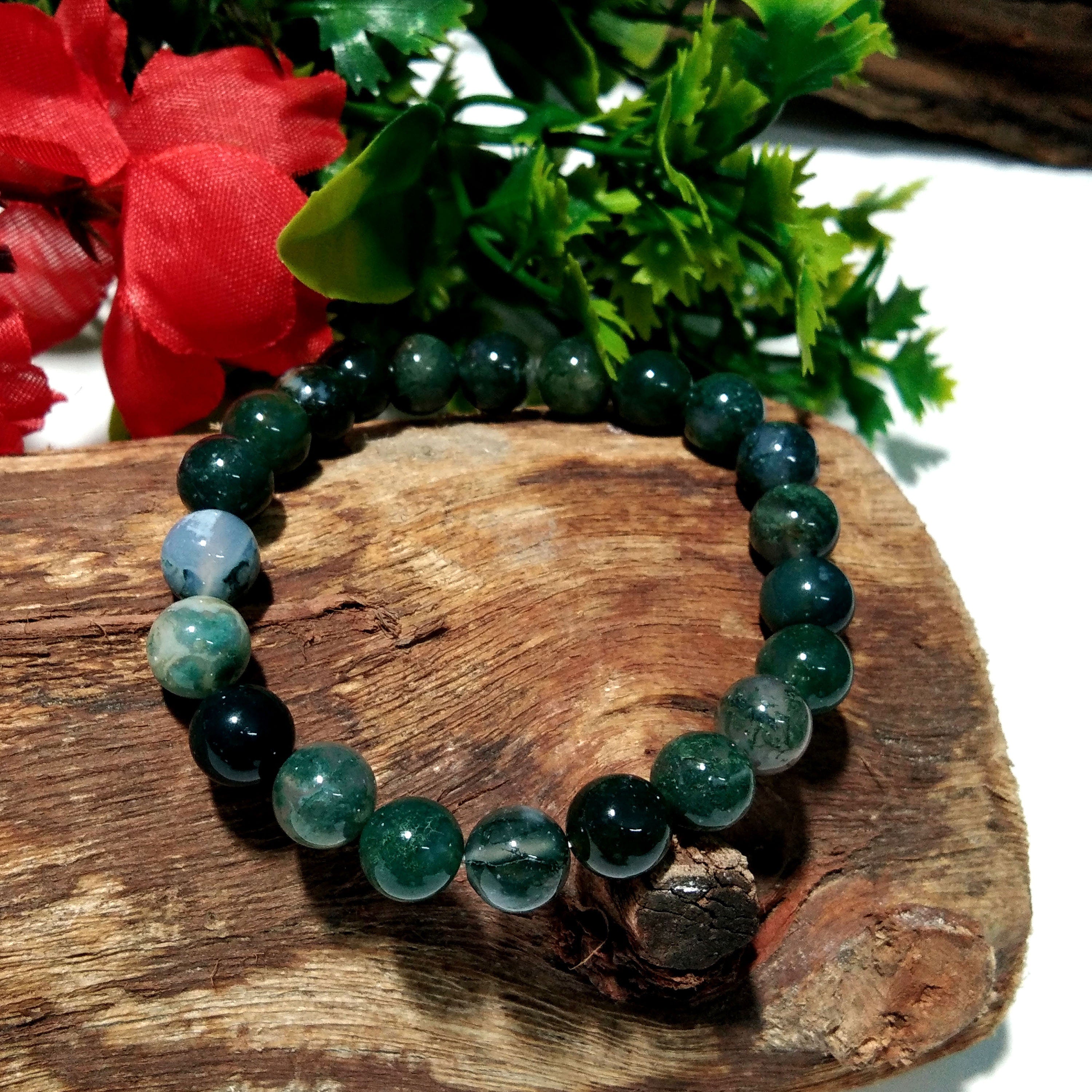 Moss Agate Bracelet Beads Stone, Natural Moss Agate Healing Handmade for Men & Women Round Bracelet, Size 8x8mm Gift Easter day Bracelet
